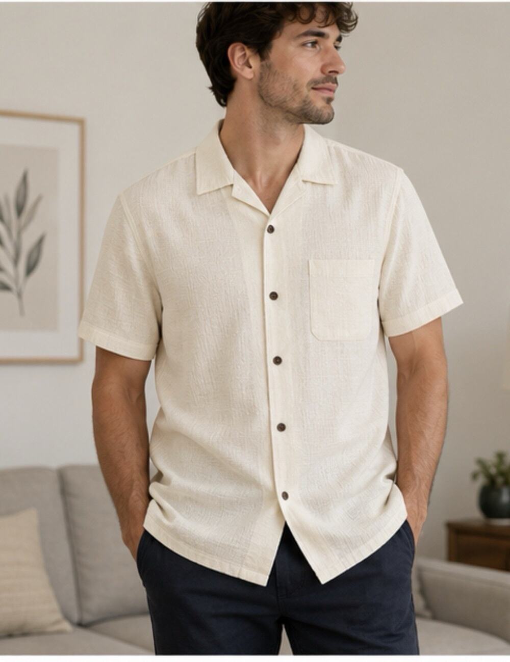 Vintage Silk Camp Shirt Men’s XL Cream Button Front Textured 100% Silk